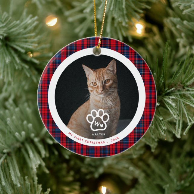 First Christmas Cat Photo Monogram Name Tartan Ceramic Ornament (Tree)