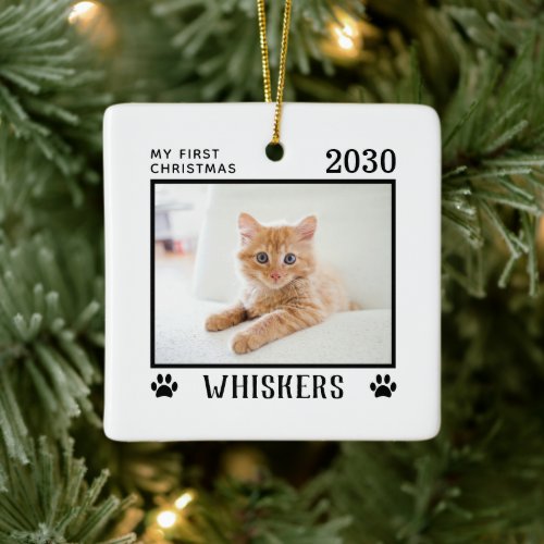 First Christmas Cat Photo Name Paw Prints Custom Ceramic Ornament