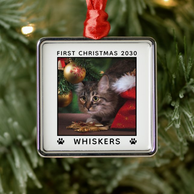 First Christmas Cat Photo Name Paw Prints Custom Metal Ornament (Tree)