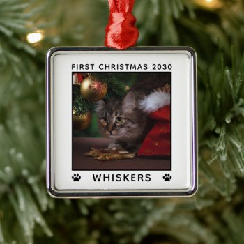 First Christmas Cat Photo Name Paw Prints Custom Metal Ornament