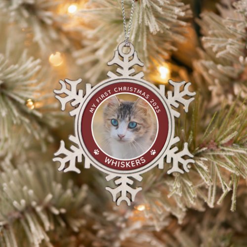 First Christmas Cat Photo Name Paw Prints Custom Snowflake Pewter Christmas Ornament