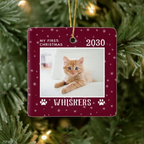 First Christmas Cat Photo Name Year Custom Ceramic Ornament