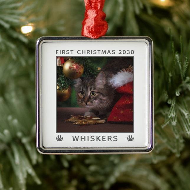 First Christmas Cat Photo Name Year Custom Metal Ornament (Tree)