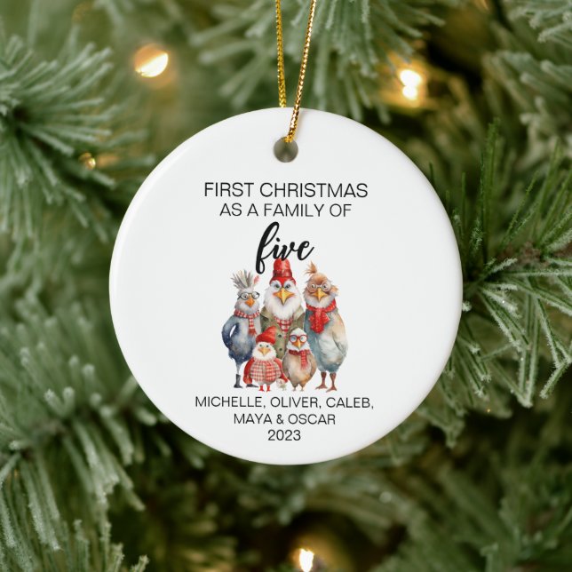 First Christmas Chicken Family of Five Ceramic Ornament (Tree)