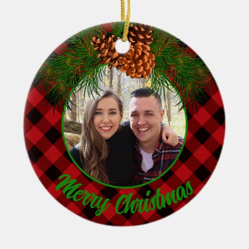 First Christmas classic couple photo red plaid  Ceramic Ornament