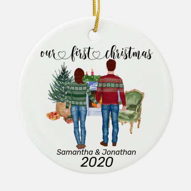 First Christmas Couple Brown Hair Newlyweds Ceramic Ornament (Front)