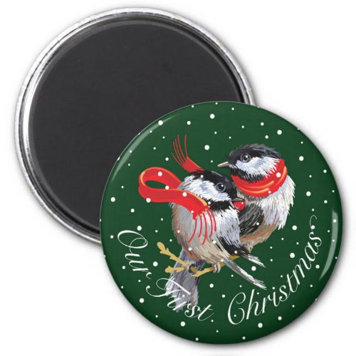 First Christmas Couple Cuddling Chickadees Magnet