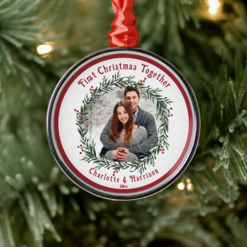 First Christmas Couple Photo Card Metal Ornament