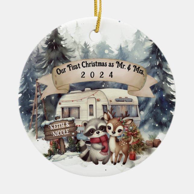 First Christmas Couple RV Camping Newlywed Ceramic Ornament (Front)