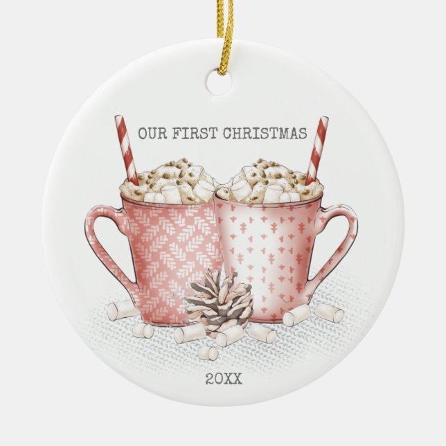 First Christmas Couple with Hot Cocoa Ceramic Ornament (Front)