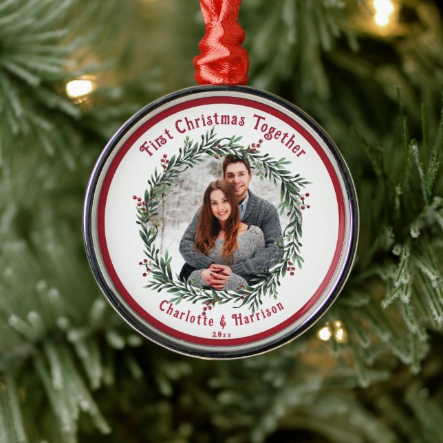 First Christmas Couple's Photo Metal Ornament (Tree)
