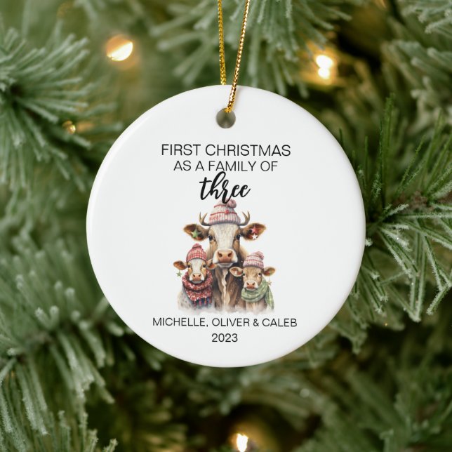 First Christmas Cow Family of Three Ceramic Ornament (Tree)