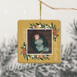 First Christmas Cranberry & Foliage Baby Photo Ceramic Ornament<br><div class="desc">Beautiful and elegant baby's first Christmas keepsake photo and festive cranberry greenery frame ornament. Our design features our beautiful cranberry and foliage arrangement that frames the baby photo. Customize with your baby's name,  year,  and baby's photo. All illustrations are hand-drawn original artwork by Moodthology Papery.</div>