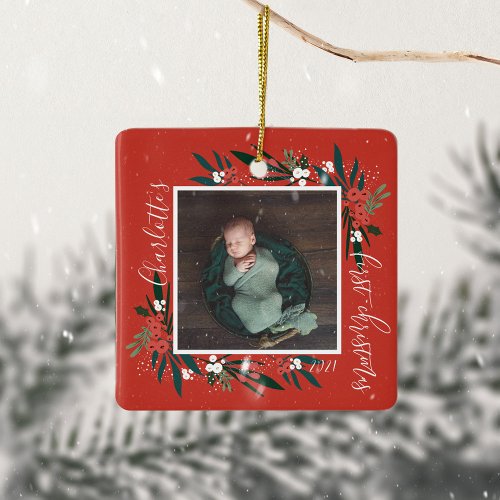  First Christmas Cranberry  Foliage Baby Photo Ceramic Ornament