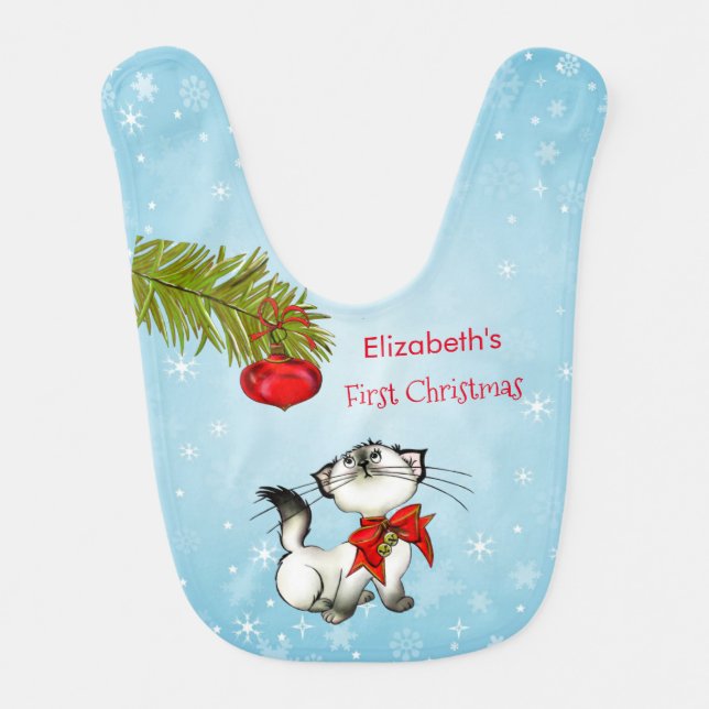 First Christmas - Curious Kitty Cat In A Red Bow Bib (Front)