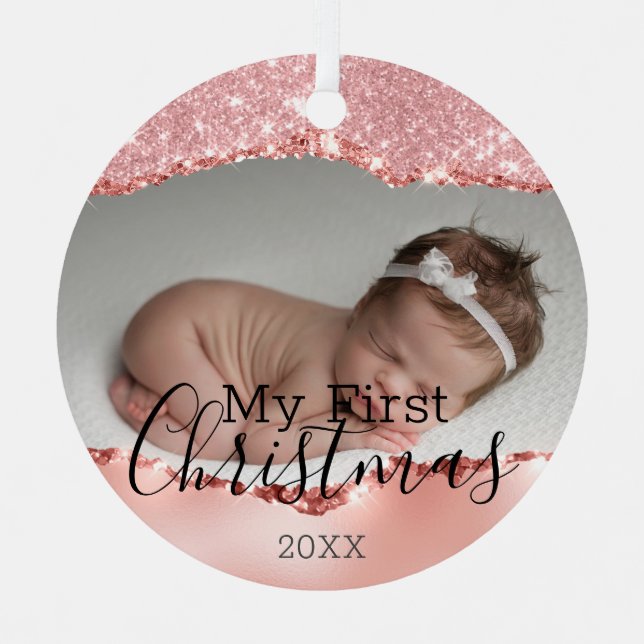 First Christmas Custom Baby Photo & Pink Glitter Metal Ornament (Front)