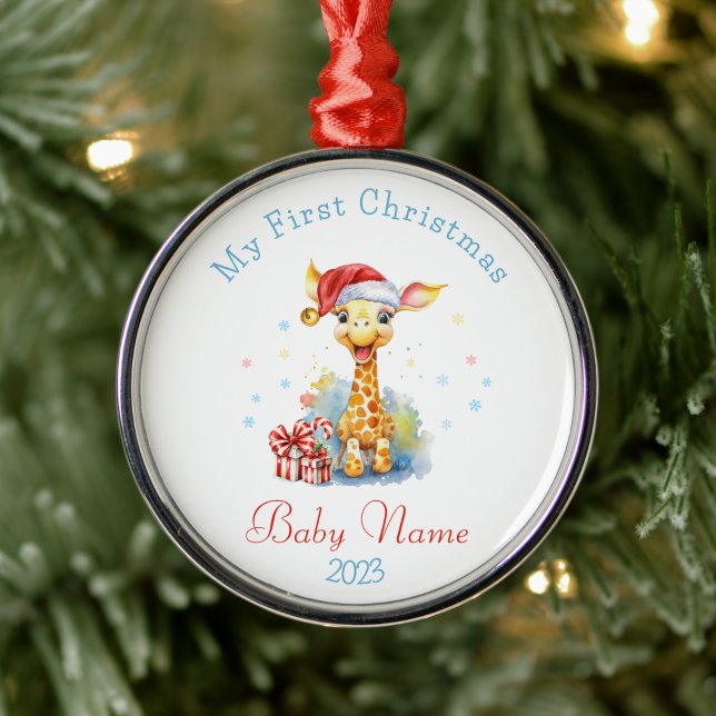 First Christmas Custom Name Baby Giraffe Keepsake Metal Ornament (Creator Uploaded)