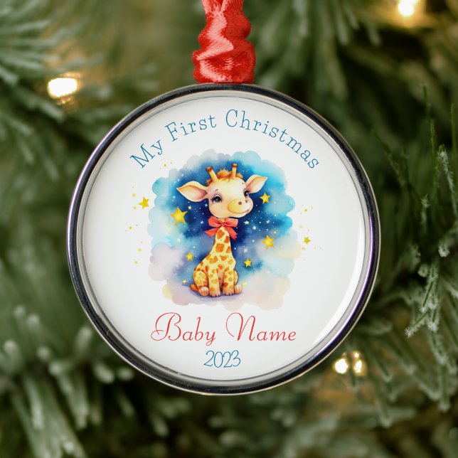 First Christmas Custom Name Cute Giraffe Keepsake Metal Ornament (Creator Uploaded)