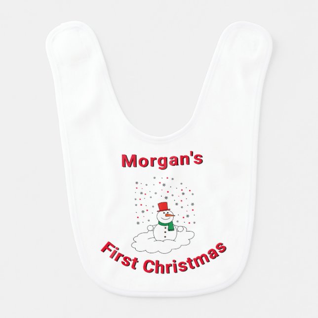 First Christmas Custom Name Cute Snowman Snowflake Baby Bib (Front)