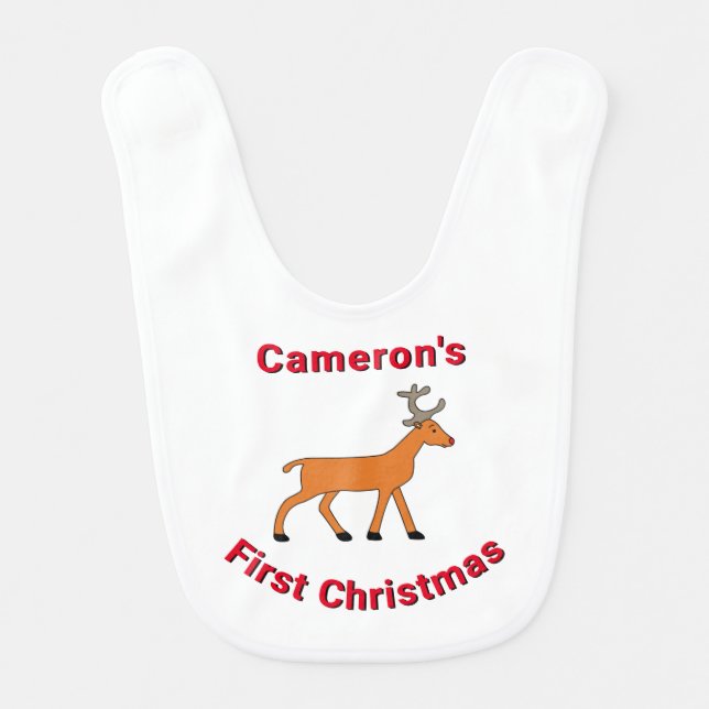 First Christmas Custom Name Cute Xmas Reindeer Baby Bib (Front)