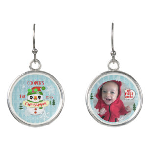 First Christmas Custom Photo Cute Baby Snowman Earrings