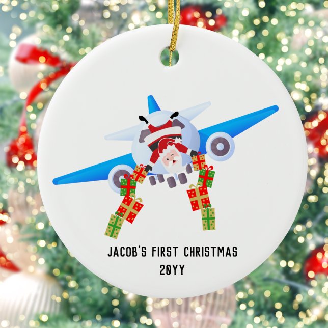 First Christmas,Custom Photo,Funny Santa Airplane Ceramic Ornament (Creator Uploaded)
