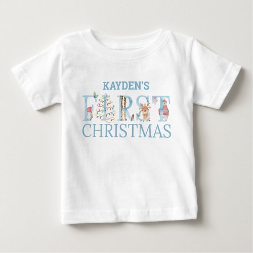 First Christmas Cute Animal Letters Boy Name Baby T_Shirt