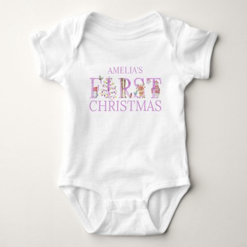 First Christmas Cute Animal Letters Girl Baby Bodysuit