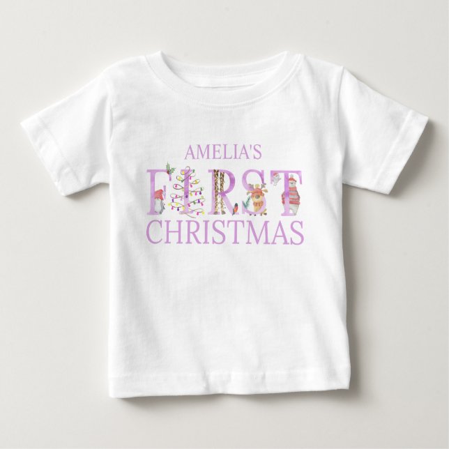 First Christmas Cute Animal Letters Girl Name Baby T-Shirt (Front)