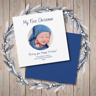 First Christmas Cute Baby Boy Photo Blue  Holiday Card