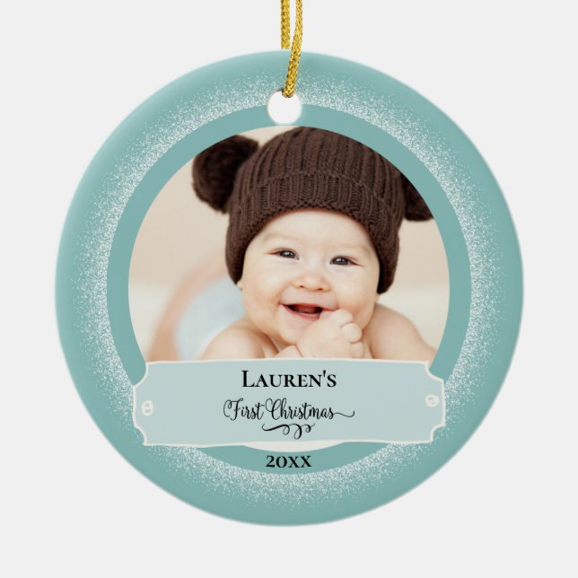 First Christmas Cute Baby Photo Ceramic Ornament (Front)