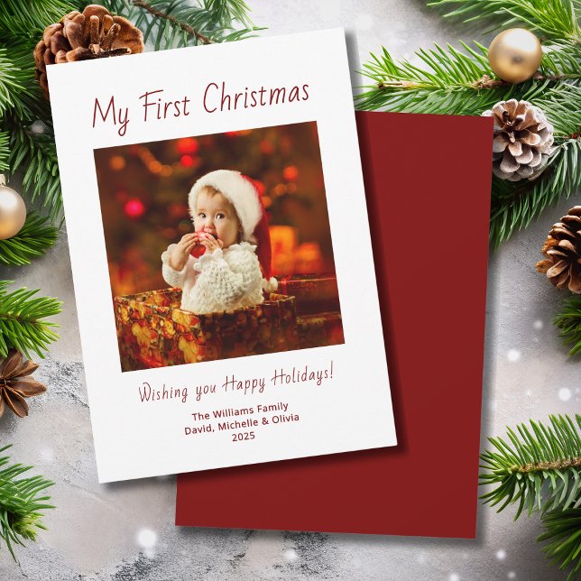 First Christmas Cute Baby Photo Festive Typography Holiday Card (Creator Uploaded)