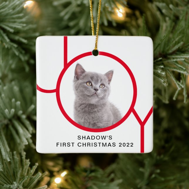 First Christmas Cute Cat Kitten Joy Custom Photo  Ceramic Ornament (Tree)