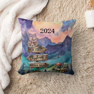 First Christmas Cute Couple Newlyweds Mountain Throw Pillow
