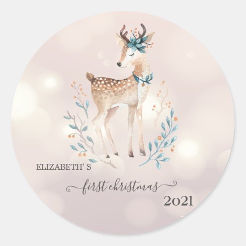 First ChristmasCute Deer Holiday  Classic Round Sticker