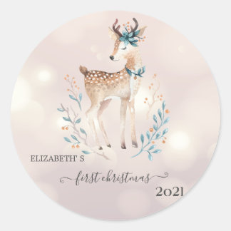 First Christmas,Cute Deer Holiday Classic Round Sticker