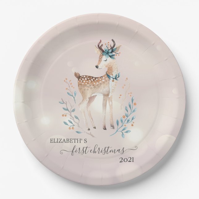 First Christmas,Cute Deer Holiday  Paper Plates (Front)