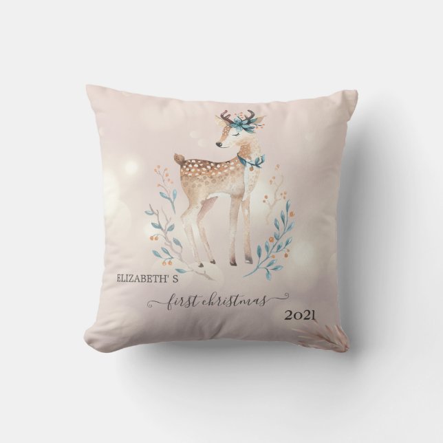 First Christmas,Cute Deer Holiday Throw Pillow (Front)