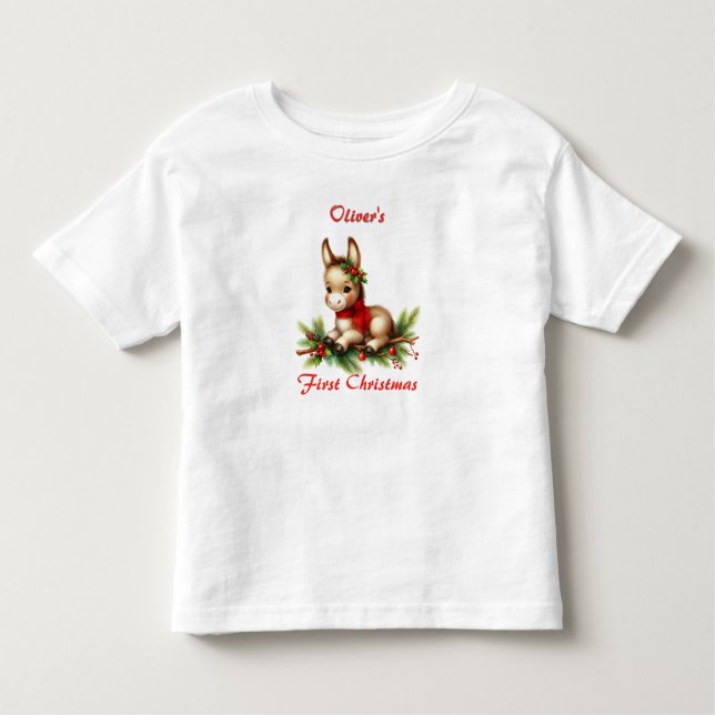 First Christmas Cute Donkey in Red Scarf Toddler T-shirt (Front)