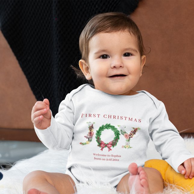 First Christmas cute joy red green personalized Baby Bodysuit (Creator Uploaded)