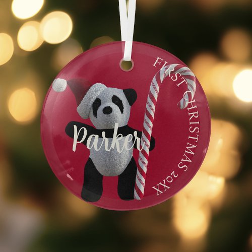 First Christmas Cute Panda Bear Candy Cane Red Glass Ornament