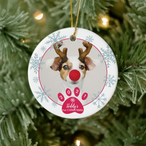 First Christmas cute pet dog photo paw snowflakes Ceramic Ornament