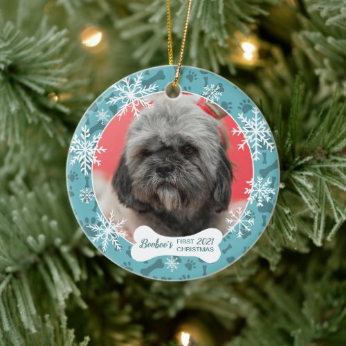 First Christmas cute pet photo bone paw snowflakes Ceramic Ornament