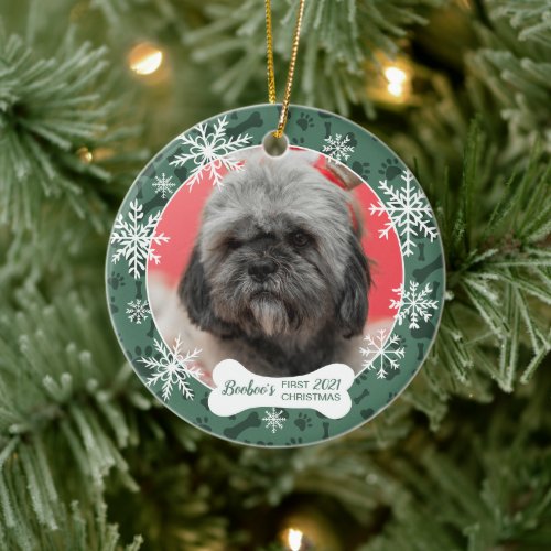 First Christmas cute pet photo bone paw snowflakes Ceramic Ornament