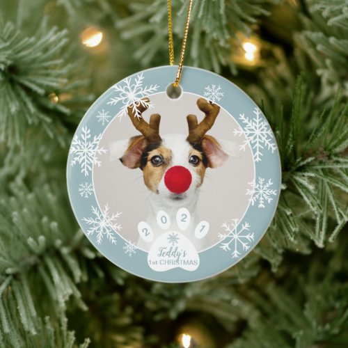 First Christmas cute pet photo paw snowflakes  Ceramic Ornament