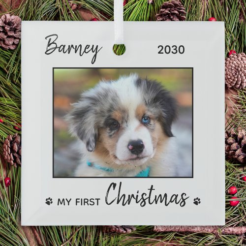 First Christmas Cute Puppy Custom Dog Pet Photo Glass Ornament