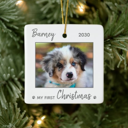 First Christmas Cute Puppy _ Gray Dog Pet Photo Ceramic Ornament