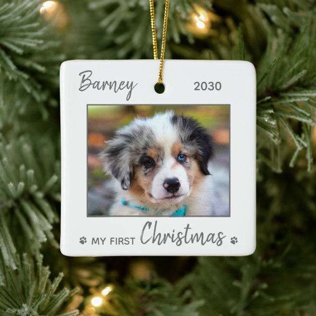 First Christmas Cute Puppy - Gray Dog Pet Photo Ceramic Ornament (Tree)
