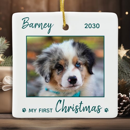 First Christmas Cute Puppy _ Green Dog Pet Photo Ceramic Ornament