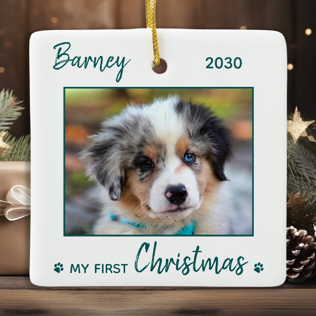 First Christmas Cute Puppy - Green Dog Pet Photo Ceramic Ornament (Creator Uploaded)